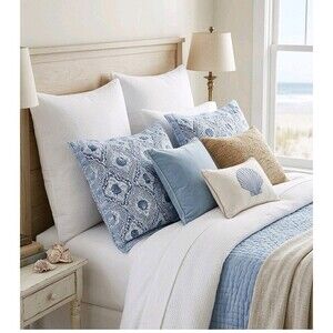 Tahari Home Pillow Shams Set of 2 Standard Blue White Medallion Quilted Coastal